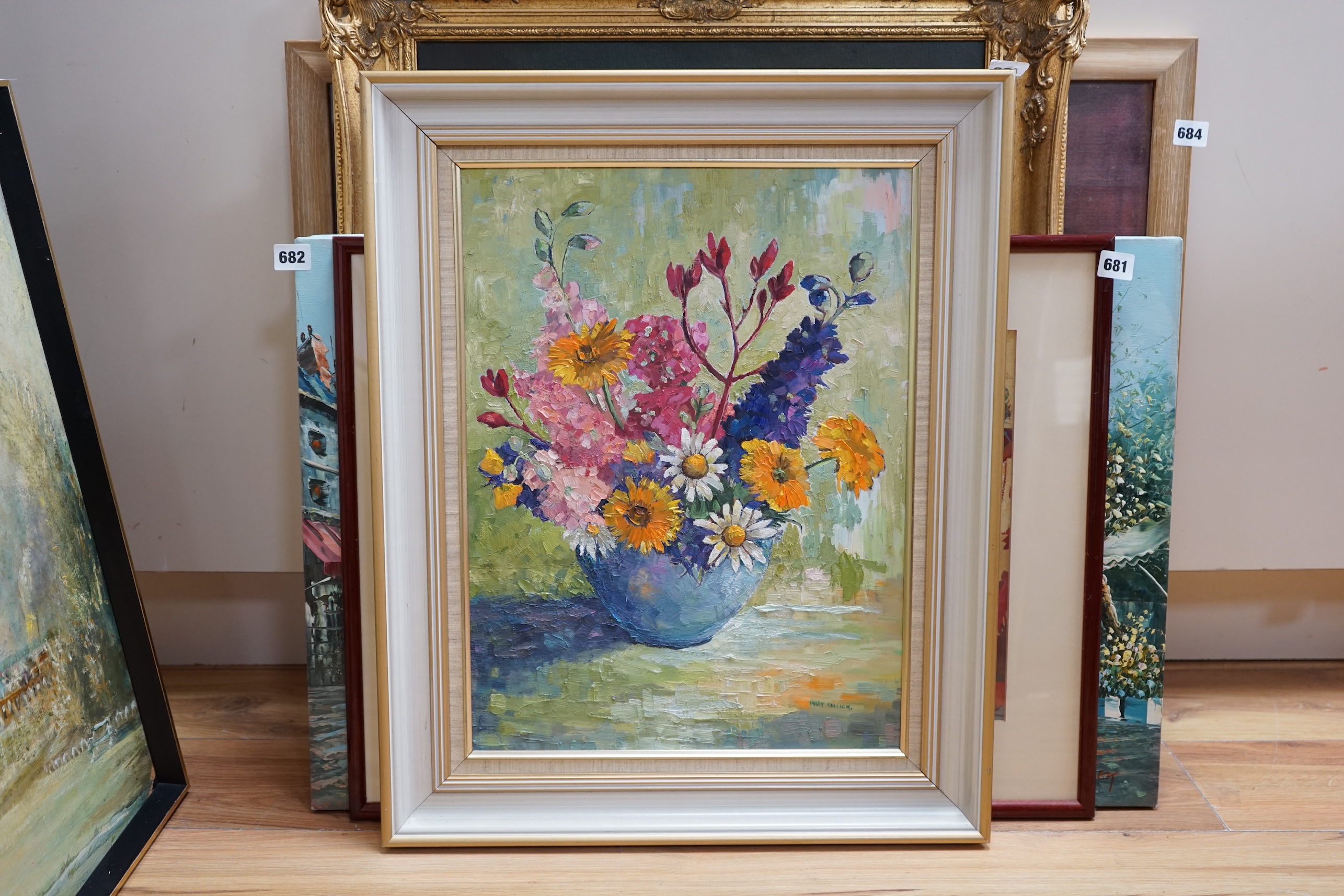 Mary Kellick, (Australian), 20th century oil on board, ‘Flower study’, signed, details verso, 49.5 x 37cm. Condition - good